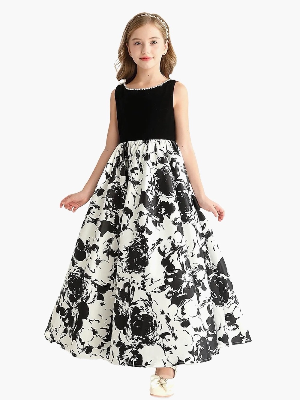 Classic Black and White Floral Formal Dress for Girls
